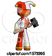 Poster, Art Print Of Orange Jester Joker Man With Sledgehammer Standing Ready To Work Or Defend