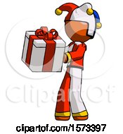Poster, Art Print Of Orange Jester Joker Man Presenting A Present With Large Red Bow On It