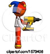Poster, Art Print Of Orange Jester Joker Man Using Drill Drilling Something On Right Side