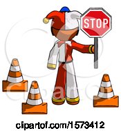 Poster, Art Print Of Orange Jester Joker Man Holding Stop Sign By Traffic Cones Under Construction Concept
