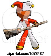 Poster, Art Print Of Orange Jester Joker Man Broom Fighter Defense Pose