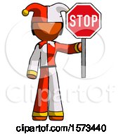 Poster, Art Print Of Orange Jester Joker Man Holding Stop Sign