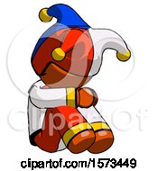 Poster, Art Print Of Orange Jester Joker Man Sitting With Head Down Facing Angle Right