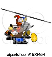 Poster, Art Print Of Orange Jester Joker Man Flying In Gyrocopter Front Side Angle Top View