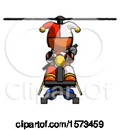 Poster, Art Print Of Orange Jester Joker Man Flying In Gyrocopter Front View