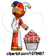 Poster, Art Print Of Orange Jester Joker Man With Giant Cupcake Dessert