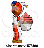 Poster, Art Print Of Orange Jester Joker Man Holding Large Cupcake Ready To Eat Or Serve