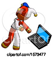 Poster, Art Print Of Orange Jester Joker Man Throwing Laptop Computer In Frustration