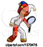 Poster, Art Print Of Orange Jester Joker Man Inspecting With Large Magnifying Glass Right