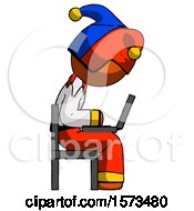 Poster, Art Print Of Orange Jester Joker Man Using Laptop Computer While Sitting In Chair View From Side