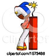 Poster, Art Print Of Orange Jester Joker Man Leaning Against Dynimate Large Stick Ready To Blow