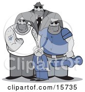 Group Of Mafia Men One Really Short One Really Tall One Clenching His Fist And One Holding A Gun In A Case Clipart Illustration