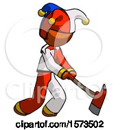 Poster, Art Print Of Orange Jester Joker Man Striking With A Red Firefighters Ax
