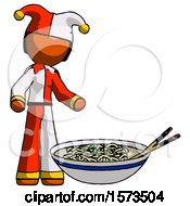 Poster, Art Print Of Orange Jester Joker Man And Noodle Bowl Giant Soup Restaraunt Concept