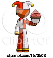 Orange Jester Joker Man Presenting Pink Cupcake To Viewer