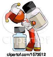 Orange Jester Joker Man Holding Large White Medicine Bottle With Bottle In Background