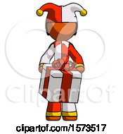 Poster, Art Print Of Orange Jester Joker Man Gifting Present With Large Bow Front View