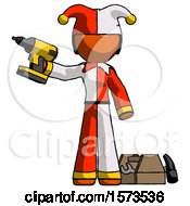 Poster, Art Print Of Orange Jester Joker Man Holding Drill Ready To Work Toolchest And Tools To Right