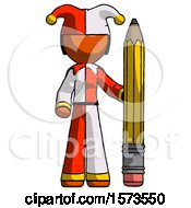 Poster, Art Print Of Orange Jester Joker Man With Large Pencil Standing Ready To Write