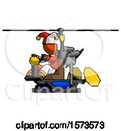 Poster, Art Print Of Orange Jester Joker Man Flying In Gyrocopter Front Side Angle View