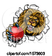 Clipart Of A Tough Lion Sports Mascot Holding Out A Cricket Ball And Breaking Through A Wall Royalty Free Vector Illustration