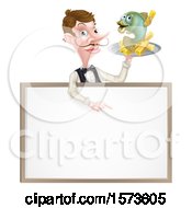 White Male Waiter With A Curling Mustache Holding Fish And A Chips On A Tray And Pointing Down Over A Menu