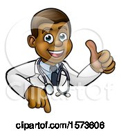 Poster, Art Print Of Cartoon Friendly Black Male Doctor Giving A Thumb Up Over A Sign