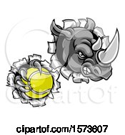 Poster, Art Print Of Tough Rhino Monster Mascot Holding A Tennis Ball In One Clawed Paw And Breaking Through A Wall
