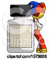Poster, Art Print Of Yellow Jester Joker Man Leaning Against Large Medicine Bottle