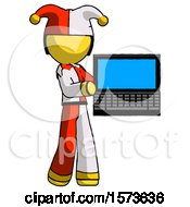 Poster, Art Print Of Yellow Jester Joker Man Holding Laptop Computer Presenting Something On Screen
