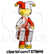 Poster, Art Print Of Yellow Jester Joker Man Gifting Present With Large Bow Front View