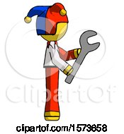 Poster, Art Print Of Yellow Jester Joker Man Using Wrench Adjusting Something To Right