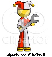 Poster, Art Print Of Yellow Jester Joker Man Holding Large Wrench With Both Hands