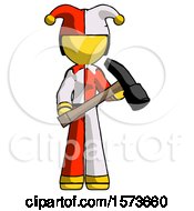 Poster, Art Print Of Yellow Jester Joker Man Holding Hammer Ready To Work