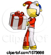 Yellow Jester Joker Man Presenting A Present With Large Red Bow On It