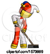 Poster, Art Print Of Yellow Jester Joker Man Cleaning Services Janitor Sweeping Side View