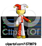 Poster, Art Print Of Yellow Jester Joker Man With Server Racks In Front Of Two Networked Systems