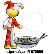 Poster, Art Print Of Yellow Jester Joker Man And Noodle Bowl Giant Soup Restaraunt Concept