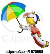 Poster, Art Print Of Yellow Jester Joker Man Flying With Rainbow Colored Umbrella