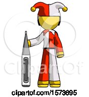 Poster, Art Print Of Yellow Jester Joker Man Standing With Large Thermometer