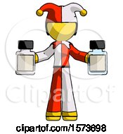 Yellow Jester Joker Man Holding Two Medicine Bottles