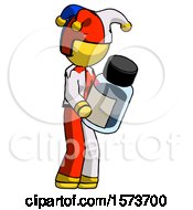 Yellow Jester Joker Man Holding Glass Medicine Bottle