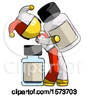 Poster, Art Print Of Yellow Jester Joker Man Holding Large White Medicine Bottle With Bottle In Background