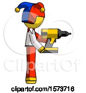 Poster, Art Print Of Yellow Jester Joker Man Using Drill Drilling Something On Right Side
