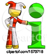 Poster, Art Print Of Yellow Jester Joker Man With Info Symbol Leaning Up Against It