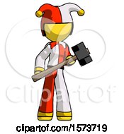 Poster, Art Print Of Yellow Jester Joker Man With Sledgehammer Standing Ready To Work Or Defend