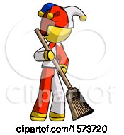 Poster, Art Print Of Yellow Jester Joker Man Sweeping Area With Broom