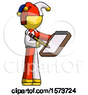 Poster, Art Print Of Yellow Jester Joker Man Using Clipboard And Pencil