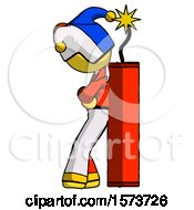 Poster, Art Print Of Yellow Jester Joker Man Leaning Against Dynimate Large Stick Ready To Blow