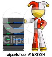 Poster, Art Print Of Yellow Jester Joker Man With Server Rack Leaning Confidently Against It